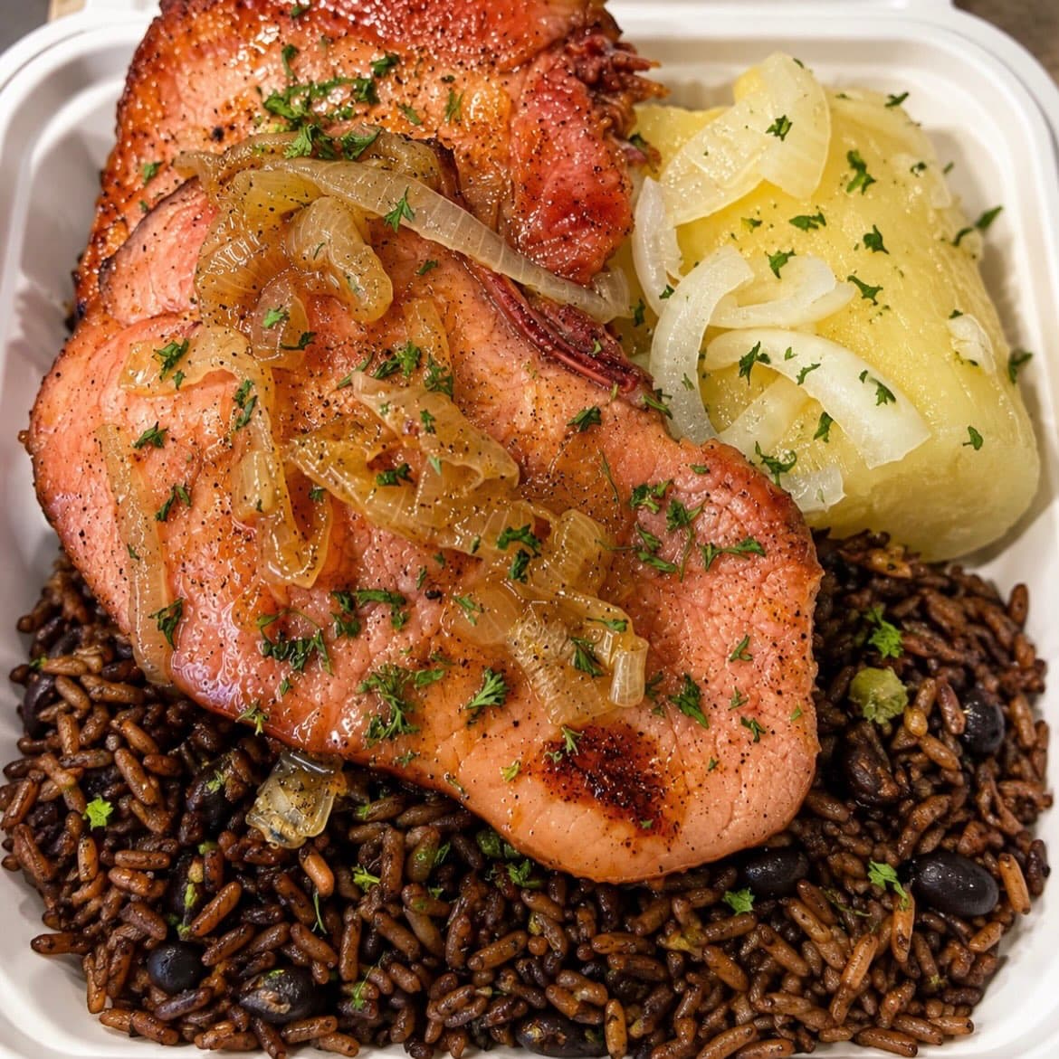Alabao Eats smoked pork, moro rice, and yuca packed for Cape Coral delivery