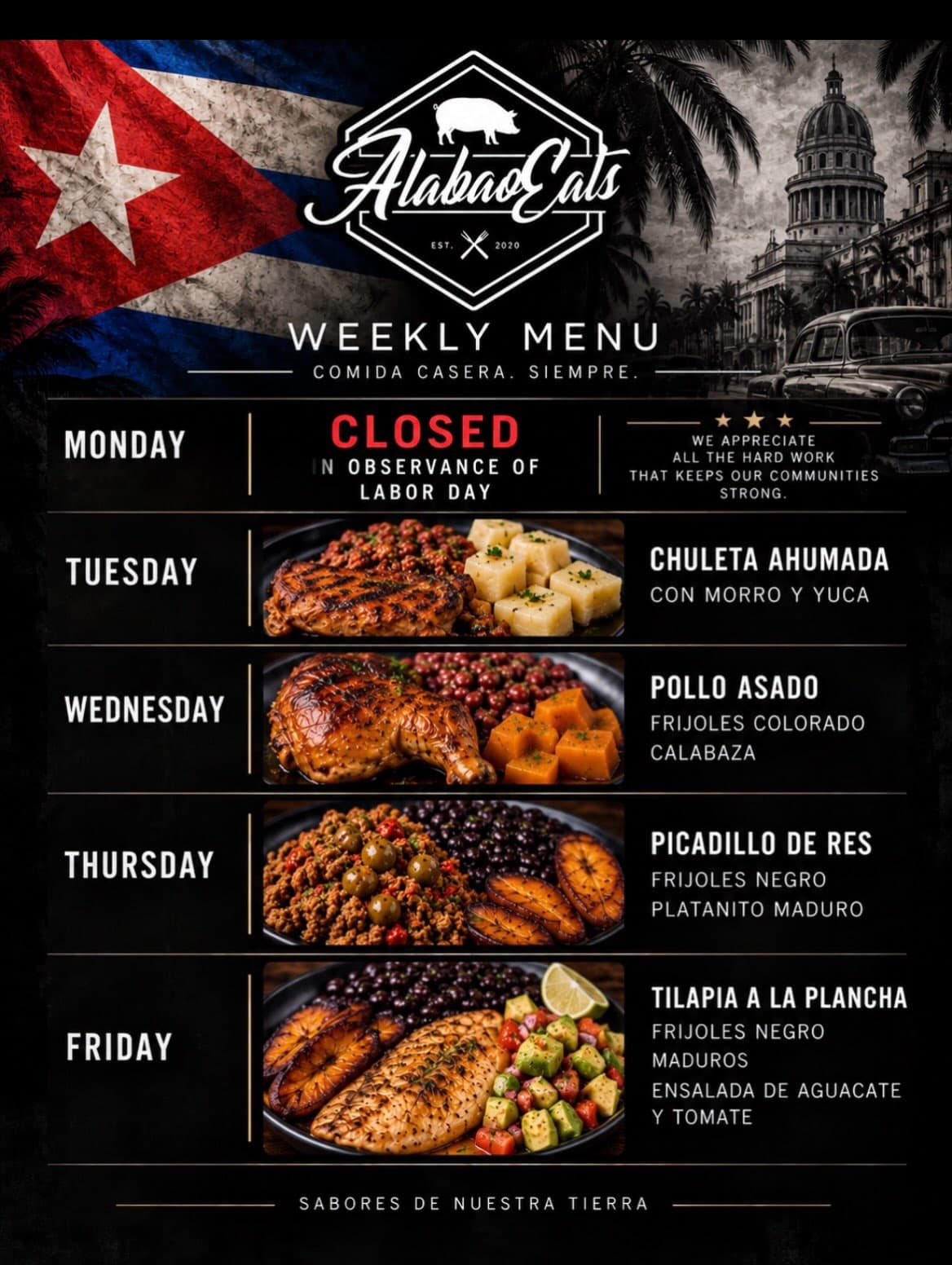 Alabao Eats handwritten weekly menu board for Cape Coral members